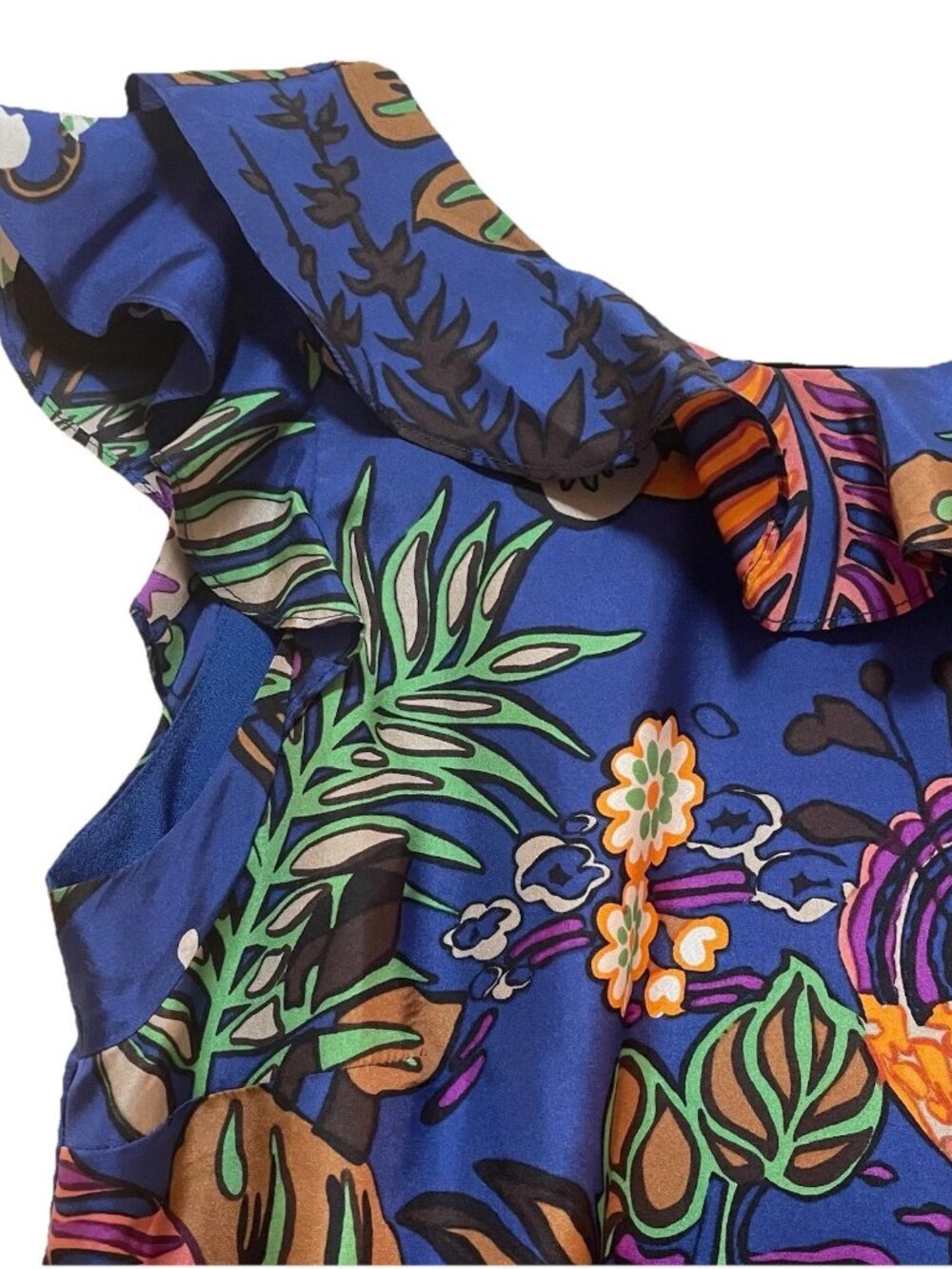 J. CREW Blue Tropical Floral 100% Silk Ruffle Dress Sz 4 - Picture 5 of 8